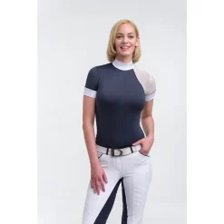 Cavalliera Women's Modern Dame Short Sleeve Show Shirt - Navy Blue/White/Navy Blue